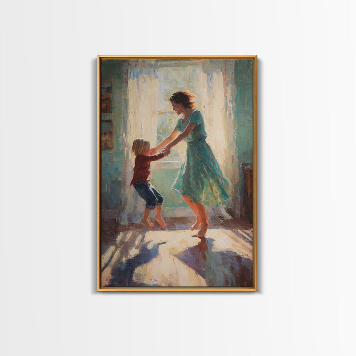 Mother And Child Dancing In Teal Dress Sunlight Canvas Print, Warm Impressionist Family Wall Art, Cozy Bedroom Decor, Gift For Her