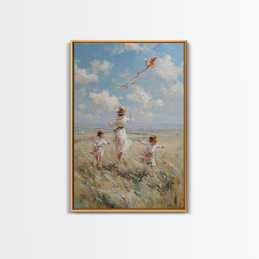 Mother And Children Flying Red Kite In Coastal Meadow Canvas Print, Whimsical Family Wall Art, Beach House Decor Gift For Her