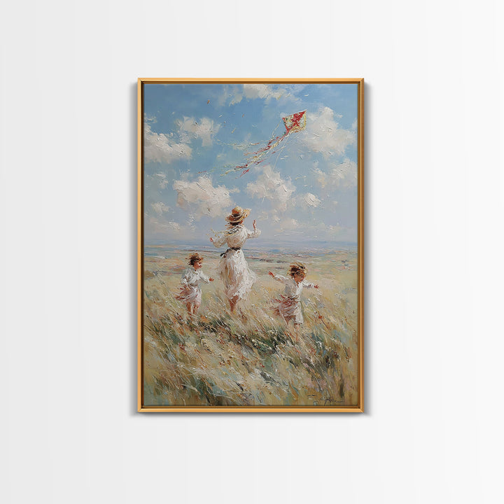 Mother And Children Flying Red Kite In Coastal Meadow Canvas Print, Whimsical Family Wall Art, Beach House Decor Gift For Her