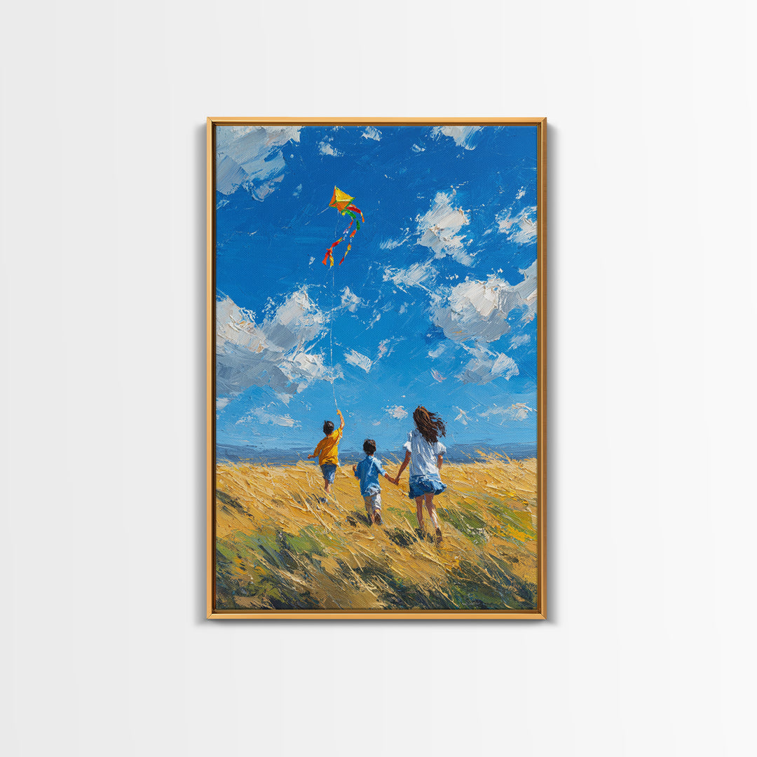 Children Chasing Bright Kite In Golden Field Framed Canvas Print, Colorful Wall Art, Summer Landscape, Kids Room Decor Gift
