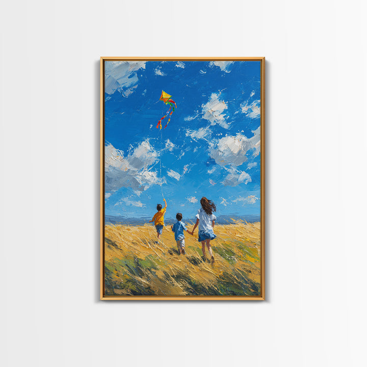 Children Chasing Bright Kite In Golden Field Framed Canvas Print, Colorful Wall Art, Summer Landscape, Kids Room Decor Gift