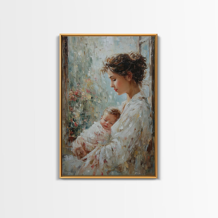Mother Holding Sleeping Baby By Rainy Window Canvas Print, Feminine Wall Art, Nursery Decor, Gift For Mom, Bedroom Decor