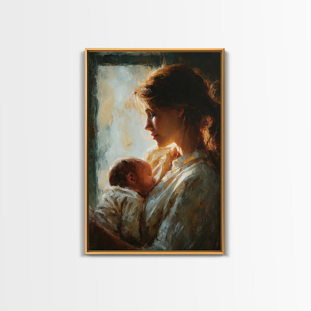 Backlit Mother Cradling Newborn By Window Framed Canvas Print, Romantic Wall Art, New Mom Gift, Moody Bedroom Decor Print