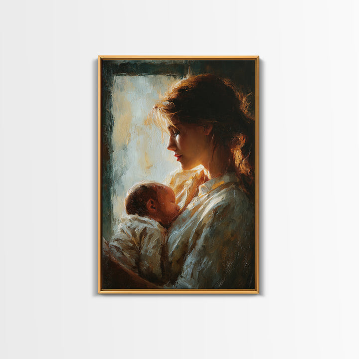 Backlit Mother Cradling Newborn By Window Framed Canvas Print, Romantic Wall Art, New Mom Gift, Moody Bedroom Decor Print