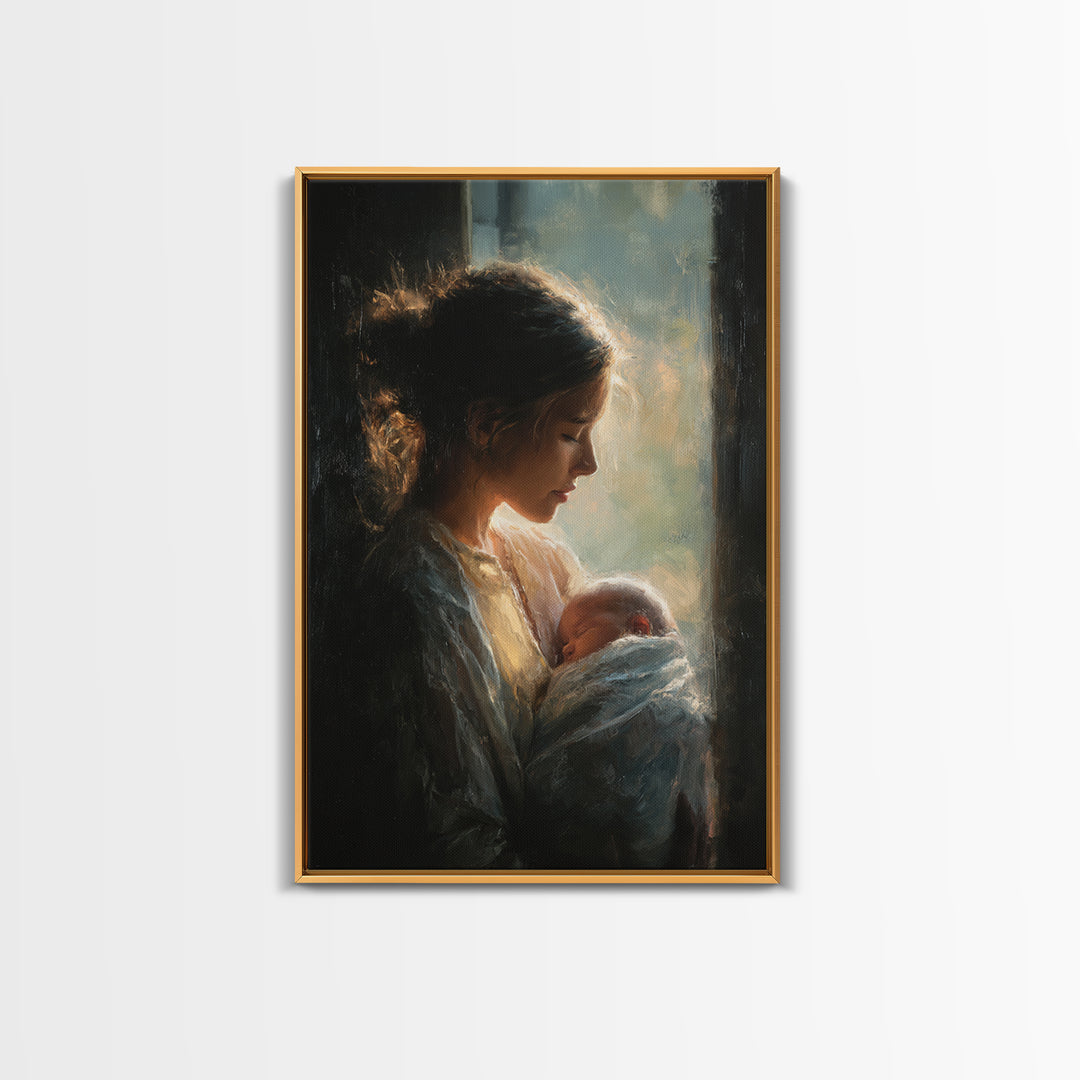 Soft Profile Mother With Sleeping Baby In Window Light Canvas Print, Moody Wall Art, New Mom Gift, Feminine Bedroom Decor