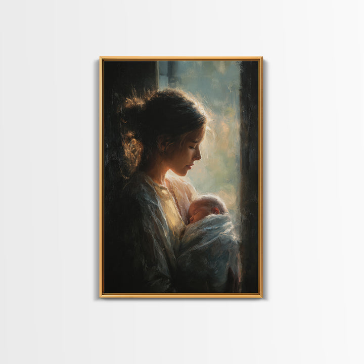Soft Profile Mother With Sleeping Baby In Window Light Canvas Print, Moody Wall Art, New Mom Gift, Feminine Bedroom Decor