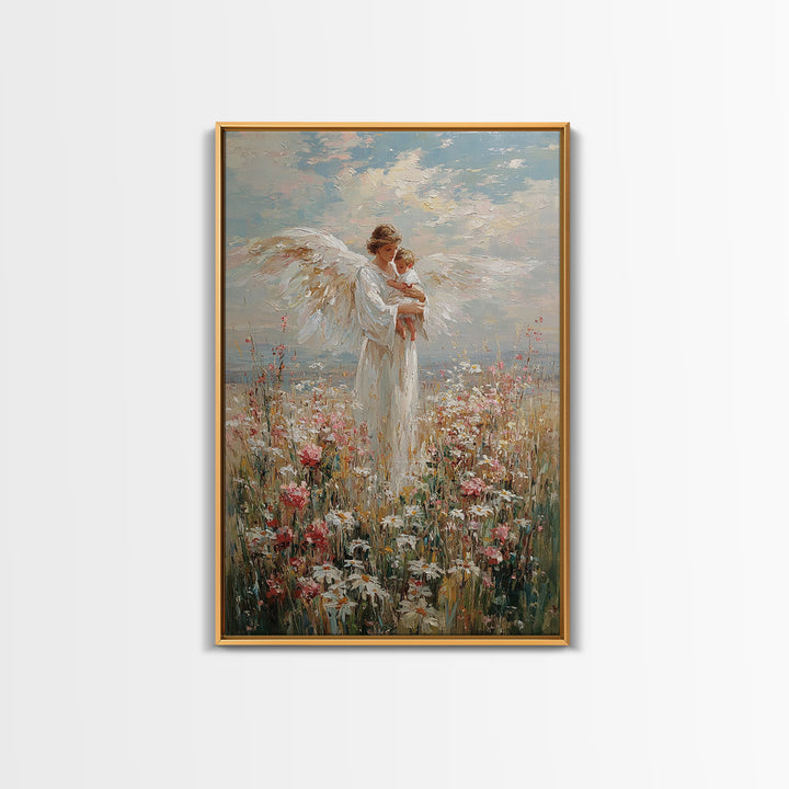 Guardian Angel Holding Baby In Wildflower Meadow Wall Art, Christian Nursery Decor, Motherhood Gift, Framed Fine Art Print