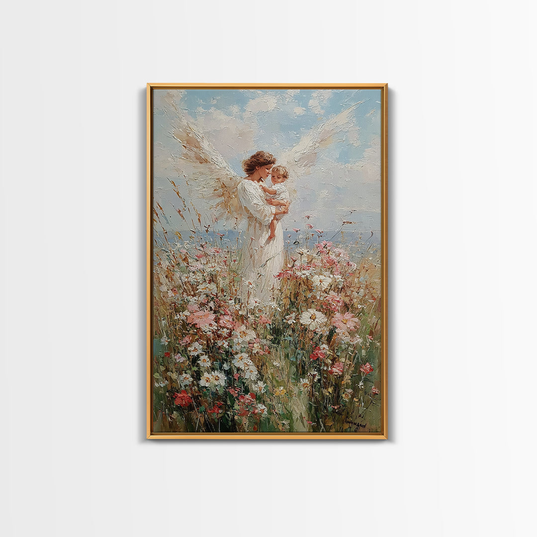 Angel Mother Holding Toddler Among Daisies Canvas Print, Christian Wall Art, Floral Nursery Decor, Gift For Mom, Home Decor