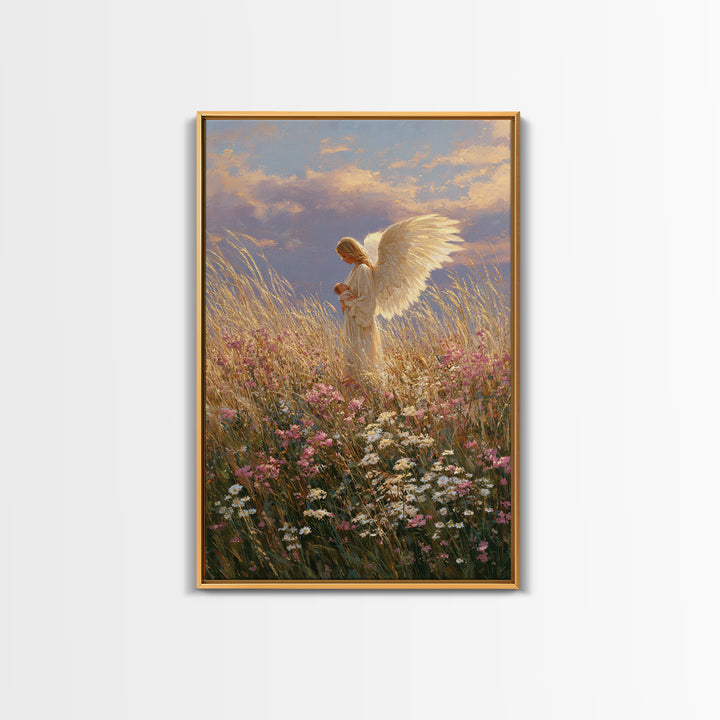 Golden Winged Angel With Infant At Sunset Wall Art, Christian Bedroom Decor, Floral Canvas Print, Spiritual Gift For Her