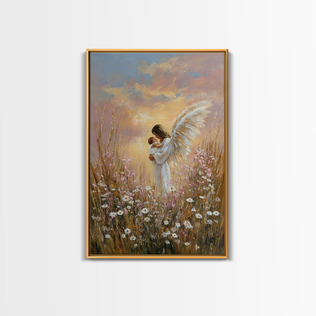Angel Mother And Baby In Sunset Wildflowers Framed Canvas Print, Christian Wall Art, Nursery Decor, Motherhood Gift, Home Decor