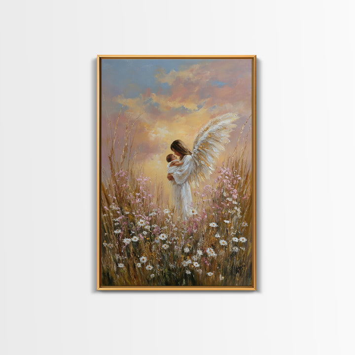 Angel Mother And Baby In Sunset Wildflowers Framed Canvas Print, Christian Wall Art, Nursery Decor, Motherhood Gift, Home Decor