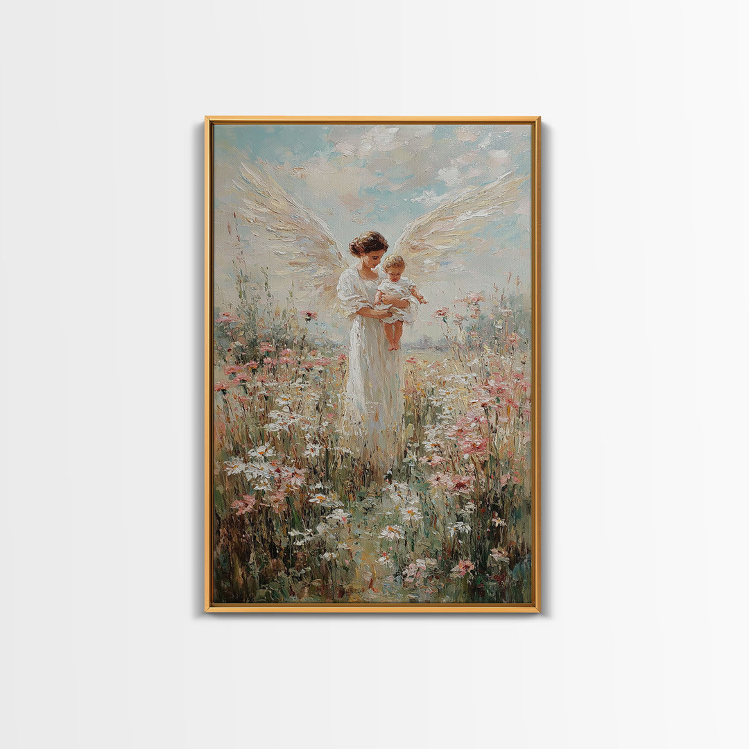 White Winged Angel Holding Baby In Flower Garden Canvas Print, Christian Nursery Wall Art, Floral Home Decor, Gift For Mom