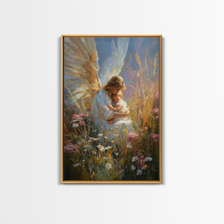 Glowing Angel Mother Nursing Baby In Wild Meadow Wall Art, Christian Canvas Print, Spiritual Nursery Decor, Gift For Her