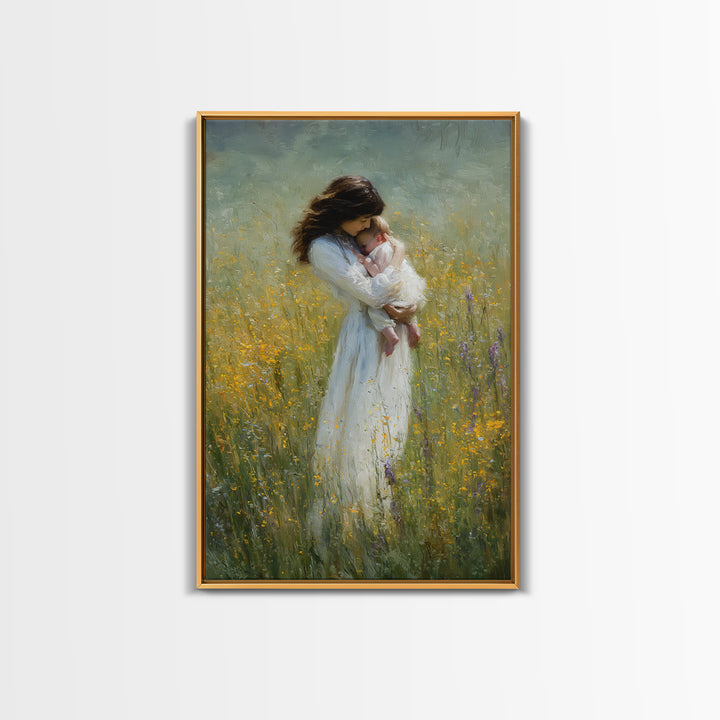 Tender Mother Cradling Newborn In Yellow Meadow Canvas Print, Motherhood Wall Art, Feminine Nursery Wall Decor, Gift For Mom
