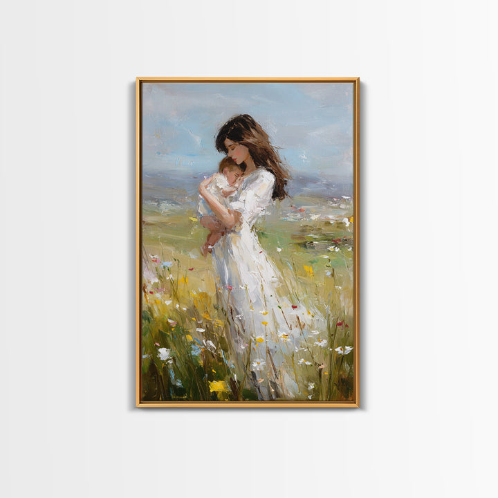 Mother Holding Sleeping Baby In Breezy Meadow Wall Art, Motherhood Canvas Print, Neutral Nursery Decor, Gift For Mom, Home Decor