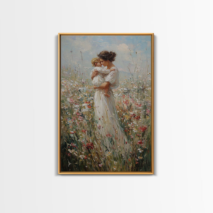 Mother Kissing Child In Wildflower Field Framed Canvas Print, Motherhood Wall Art, Floral Nursery Decor, Gift For Her, Home Decor