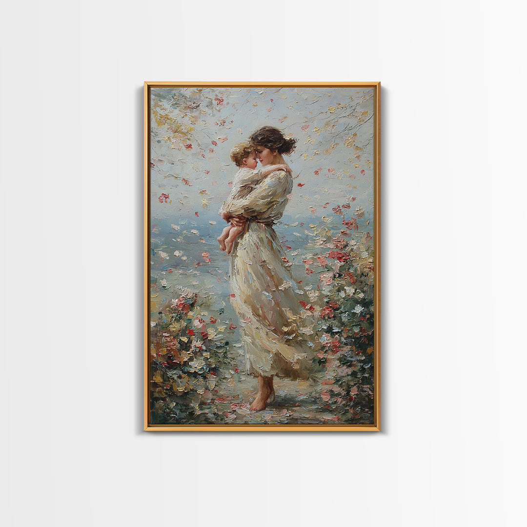Mother Holding Child By Floral Shore Framed Canvas Print, Impressionist Wall Decor, Living Room Art, Gift For Mom, Housewarming Gift