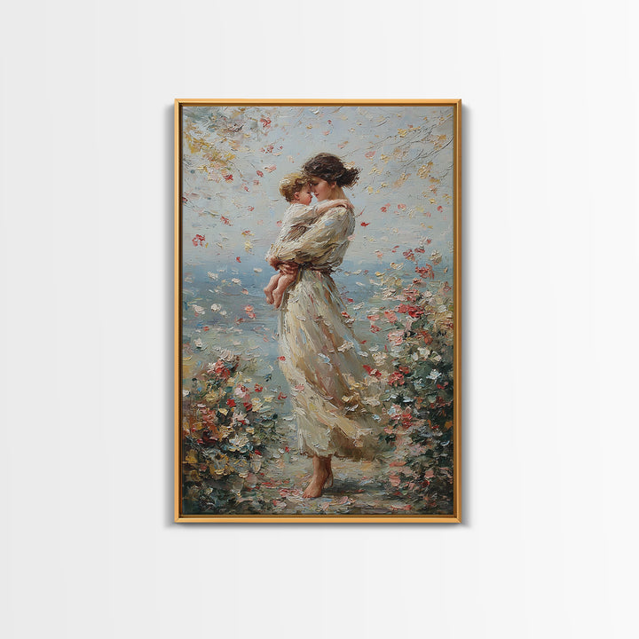 Mother Holding Child By Floral Shore Framed Canvas Print, Impressionist Wall Decor, Living Room Art, Gift For Mom, Housewarming Gift