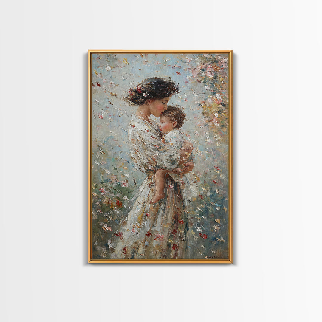 Mother Cradling Baby In Blossom Garden Wall Art, Romantic Impressionist Oil Painting, Feminine Bedroom Decor Gift For Her
