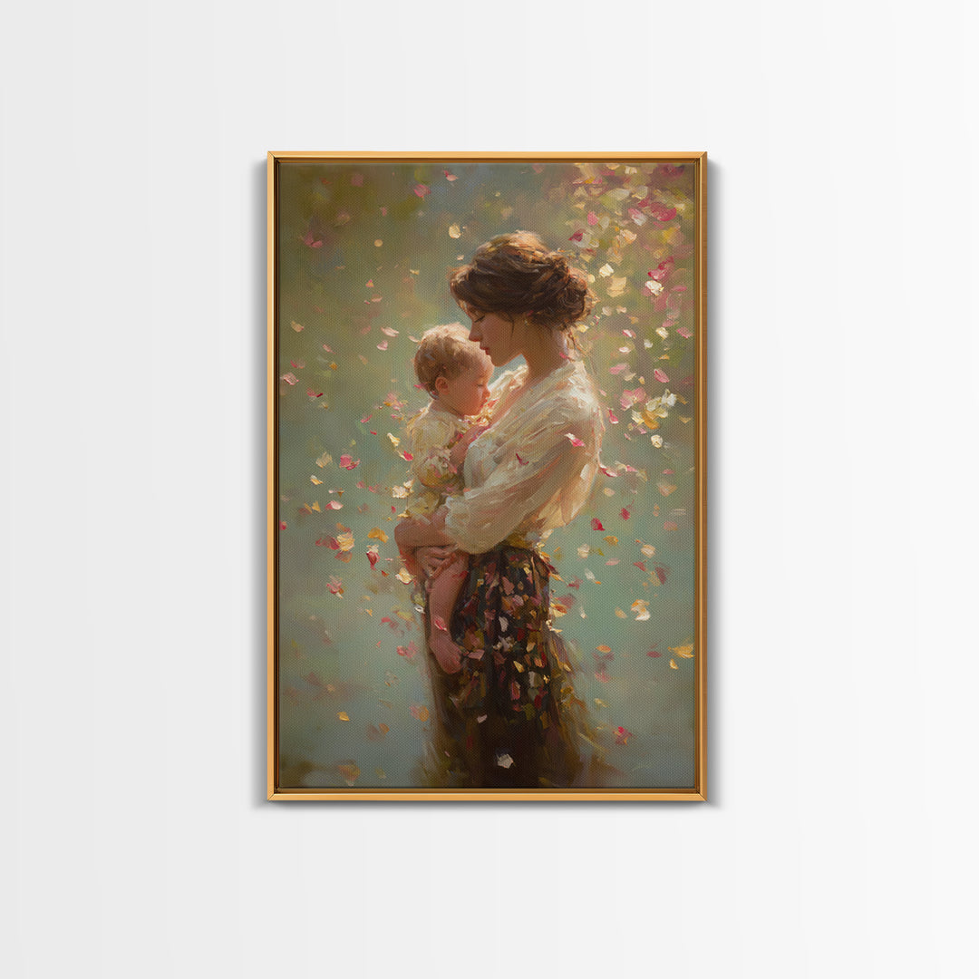 Warm Sunlit Mother And Baby Framed Canvas Print, Floral Impressionist Painting, Soft Feminine Wall Decor, Gift For Mom, Nursery Art
