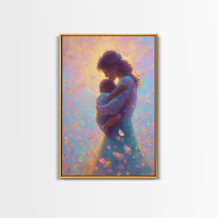 Glowing Mother And Infant Silhouette Canvas Print, Pastel Celestial Floral Petals, Dreamy Nursery Wall Art, Gift For Mom
