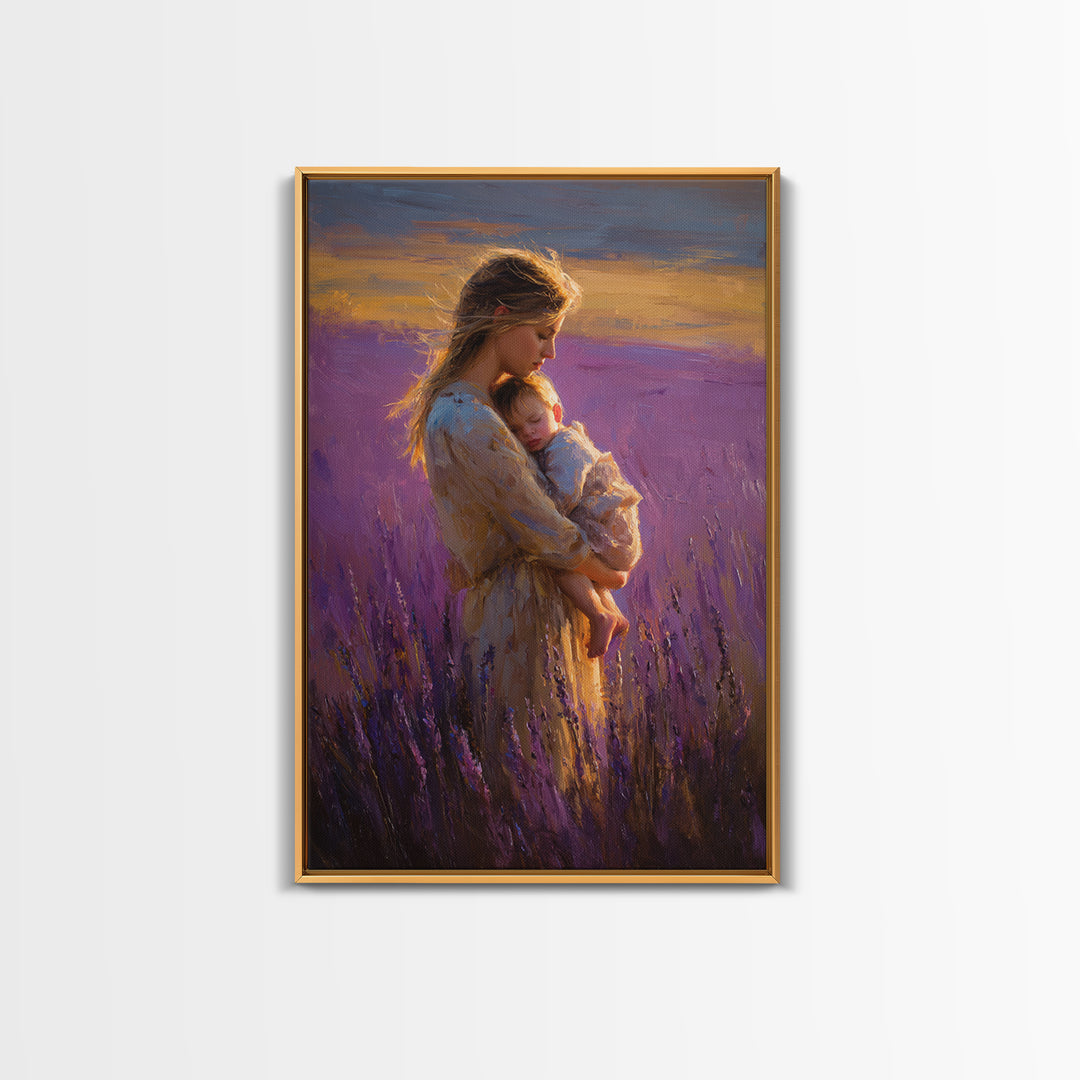 Mother And Sleeping Baby In Lavender Field Wall Art, Sunset Impressionist Oil Painting, Romantic Bedroom Decor, Gift For Mom