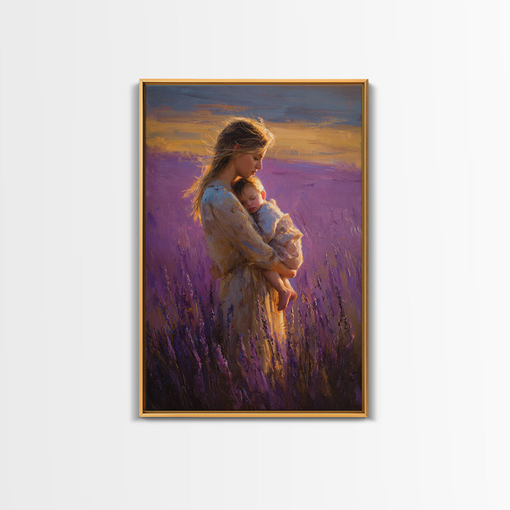 Mother And Sleeping Baby In Lavender Field Wall Art, Sunset Impressionist Oil Painting, Romantic Bedroom Decor, Gift For Mom