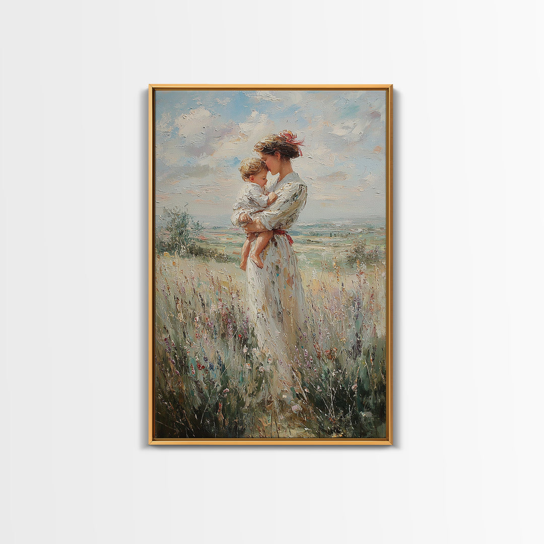 Mother Holding Child In Windy Wildflower Meadow Framed Canvas Print, Impressionist Landscape Wall Decor, Gift For Mom, Home Decor