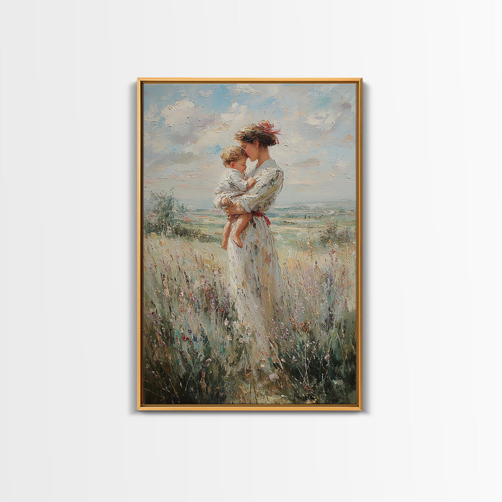 Mother Holding Child In Windy Wildflower Meadow Framed Canvas Print, Impressionist Landscape Wall Decor, Gift For Mom, Home Decor