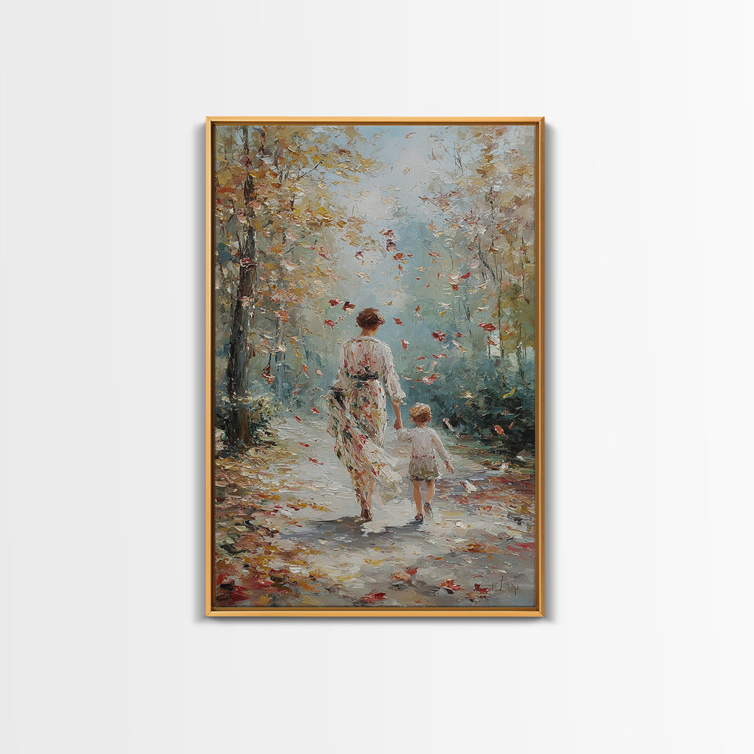 Mother And Child Autumn Walk Wall Art, Impressionist Forest Path Canvas, Cozy Family Decor, Gift For Mom, Living Room Art