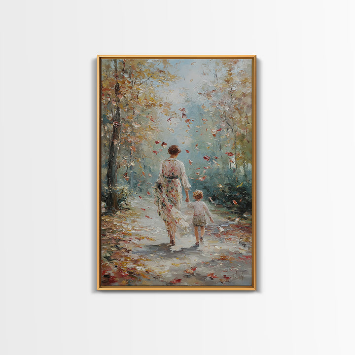 Mother And Child Autumn Walk Wall Art, Impressionist Forest Path Canvas, Cozy Family Decor, Gift For Mom, Living Room Art