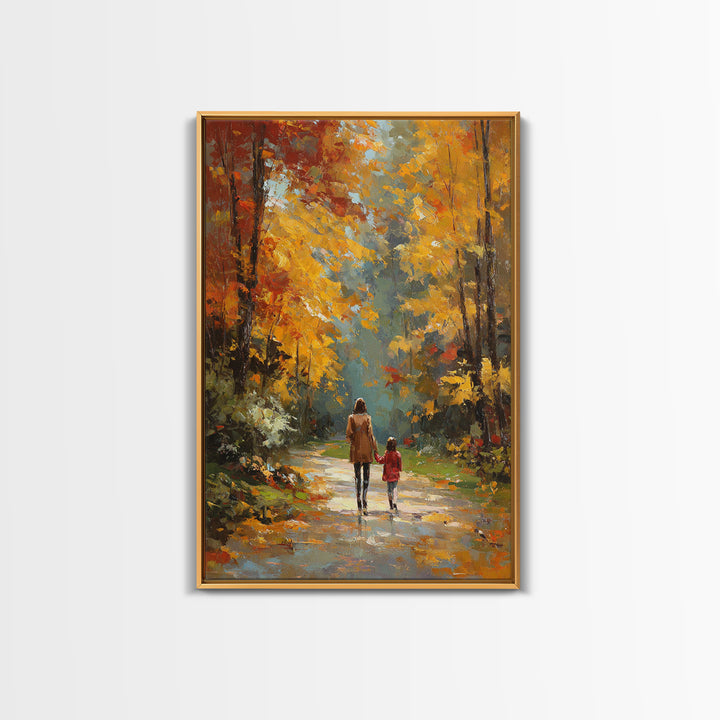 Golden Autumn Forest Walk Canvas Print, Mother Child Path Painting, Vibrant Landscape Wall Decor, Cozy Home Decor, Gift For Her