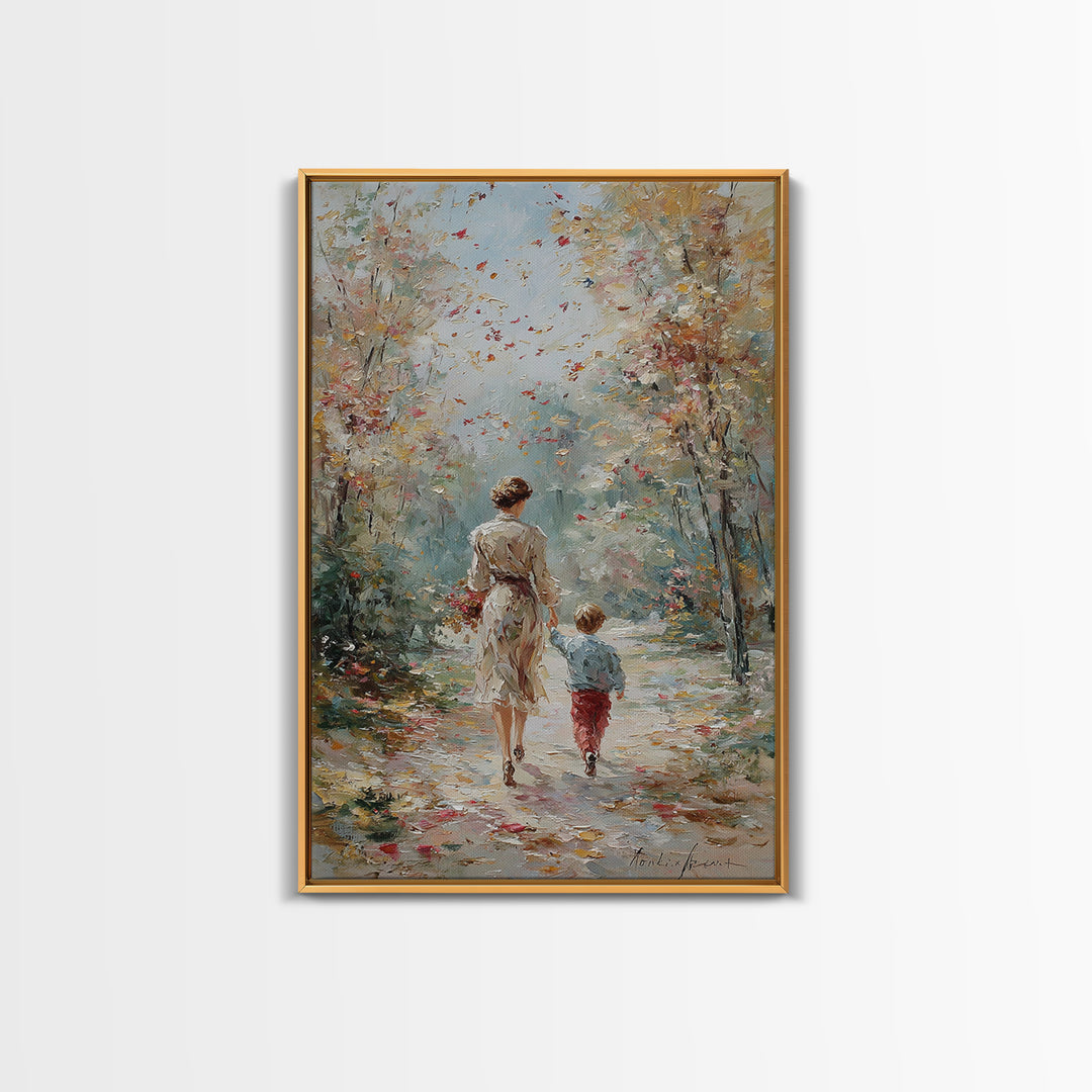 Mother And Son Fall Forest Walk Wall Art, Soft Impressionist Path Painting, Family Home Decor, Living Room Art, Mothers Day Gift