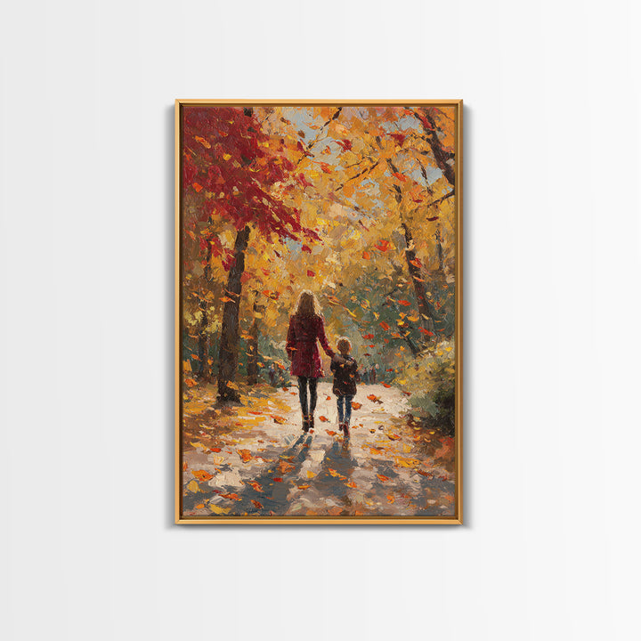 Mother And Child Golden Fall Walk Canvas Print, Red Coat Autumn Trees Painting, Warm Family Decor, Rustic Wall Art, Gift For Mom