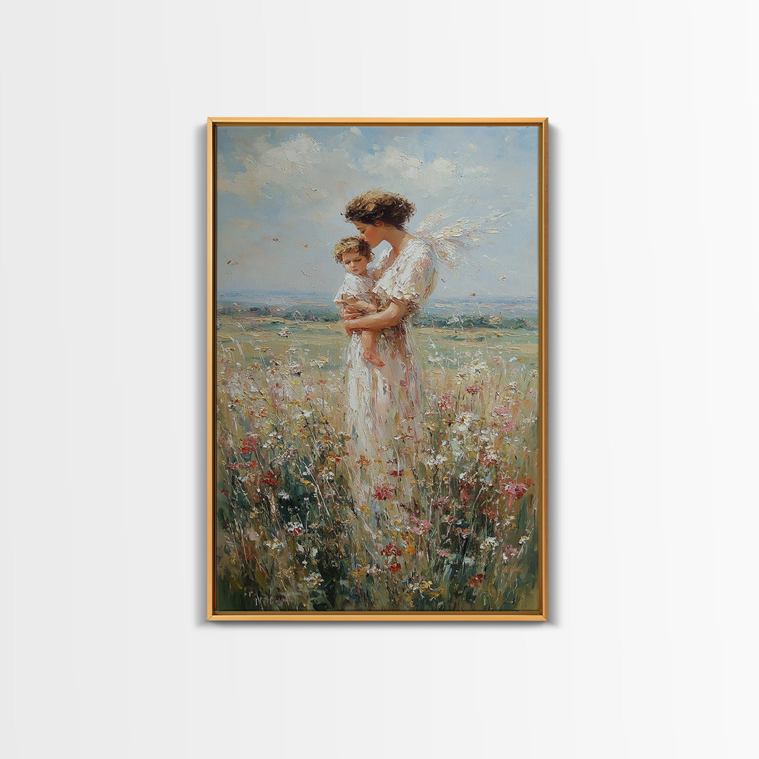 Guardian Angel Holding Child Wall Art, Wildflower Meadow Oil Painting, Christian Nursery Decor, Spiritual Gift For Mom, Fine Art
