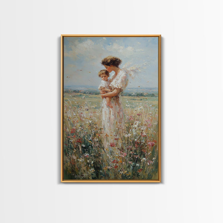 Guardian Angel Holding Child Wall Art, Wildflower Meadow Oil Painting, Christian Nursery Decor, Spiritual Gift For Mom, Fine Art