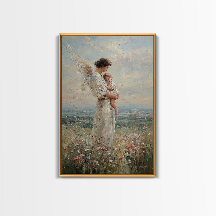 Guardian Angel Mother Holding Baby In Wildflower Meadow Wall Art, Christian Nursery Decor, Motherhood Gift, Fine Art Print