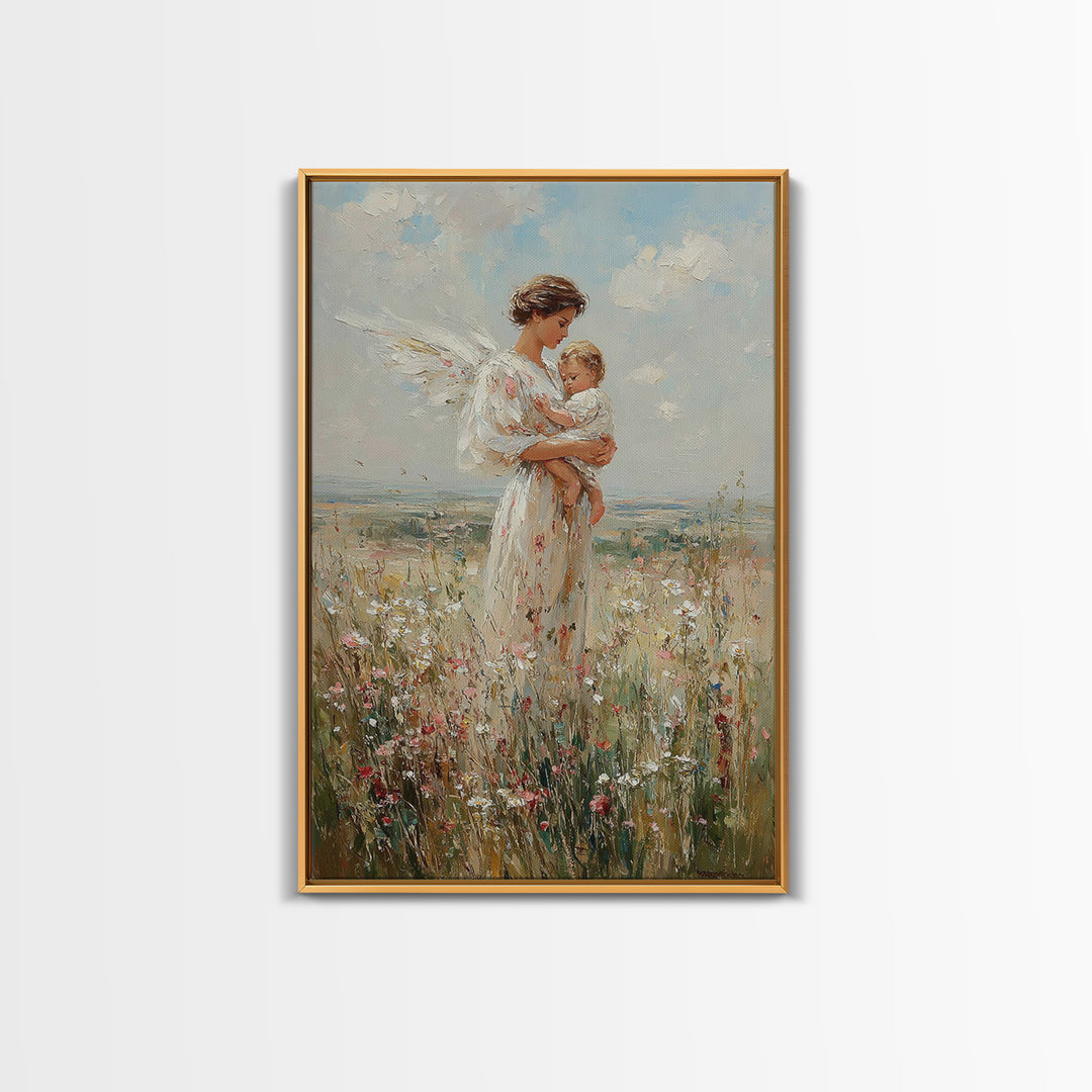 Serene Angel Mother Cradling Baby In Flower Field Framed Canvas Print, Christian Wall Art, Nursery Decor, Gift For Her And Mom