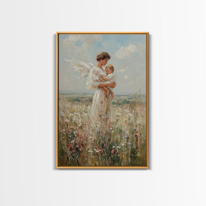 Serene Angel Mother Cradling Baby In Flower Field Framed Canvas Print, Christian Wall Art, Nursery Decor, Gift For Her And Mom