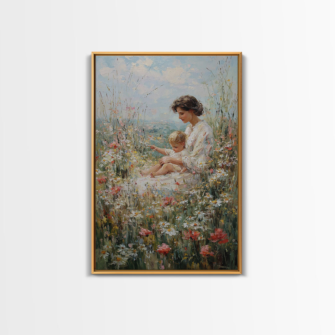 Mother And Child Resting In Daisy And Poppy Meadow Wall Art, Impressionist Floral Decor, Nursery Art Print, Gift For Mom