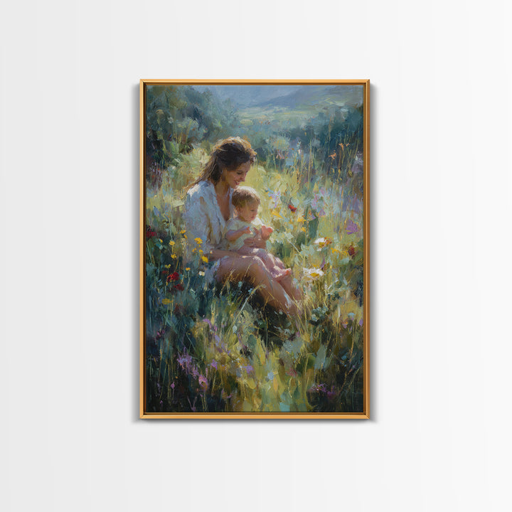 Glowing Mother And Baby In Mountain Wildflower Meadow Wall Art, Impressionist Landscape Decor, Nursery Art, Gift For Mom