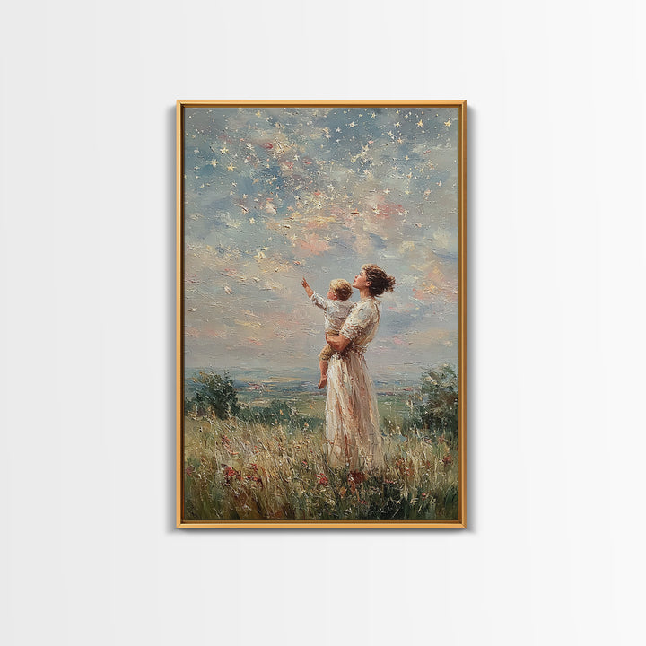 Mother Holding Child Beneath Starry Sky In Meadow Framed Canvas Print, Celestial Wall Art, Christian Nursery Decor, Gift