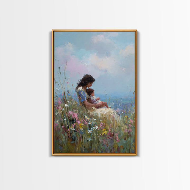 Mother Holding Baby In Wildflower Meadow Canvas Print, Impressionist Floral Wall Art, Nursery Decor, Gift For Her, Mothers Day Gift