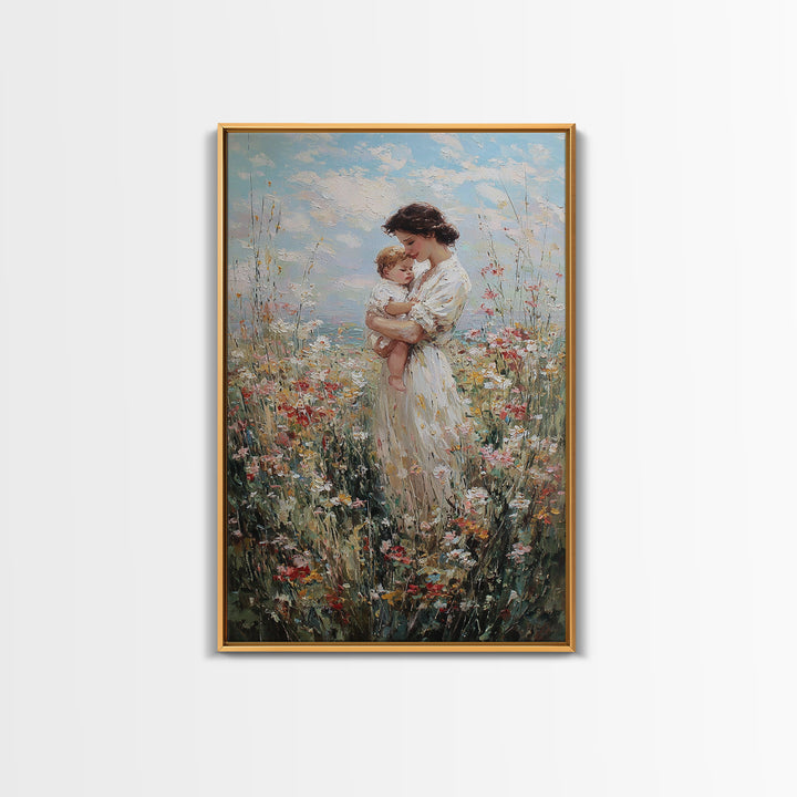 Mother Holding Baby In Sunlit Wildflowers Framed Canvas Print, Impressionist Floral Wall Art, Motherhood Gift, Nursery Decor