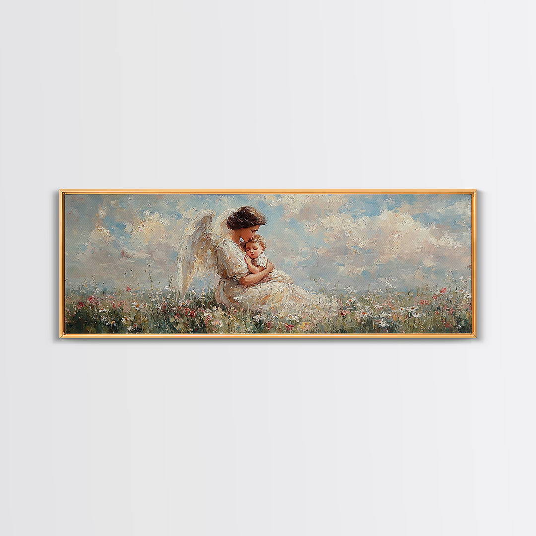 Angel Mother Holding Baby Wall Art, White Wings Wildflower Field Canvas Print, Christian Nursery Decor Gift For Mom Home Decor