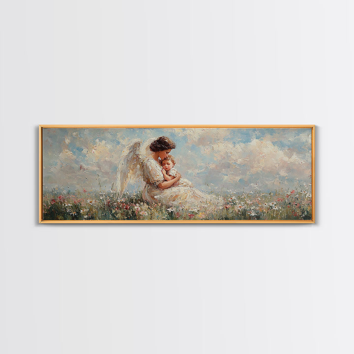 Angel Mother Holding Baby Wall Art, White Wings Wildflower Field Canvas Print, Christian Nursery Decor Gift For Mom Home Decor