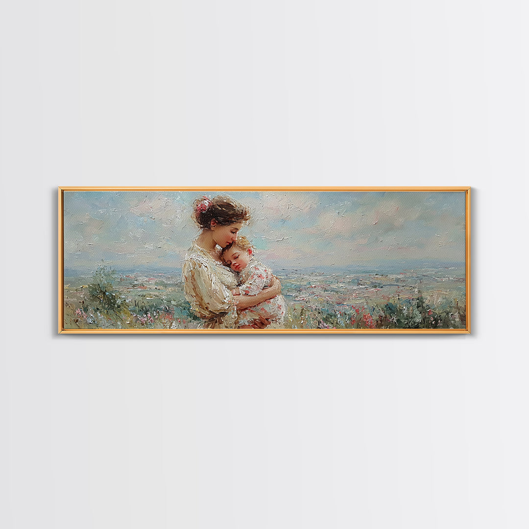Mother Holding Sleeping Baby Wall Art, Tender Wildflower Landscape Canvas Print, Feminine Nursery Decor Gift For Mom Home Decor