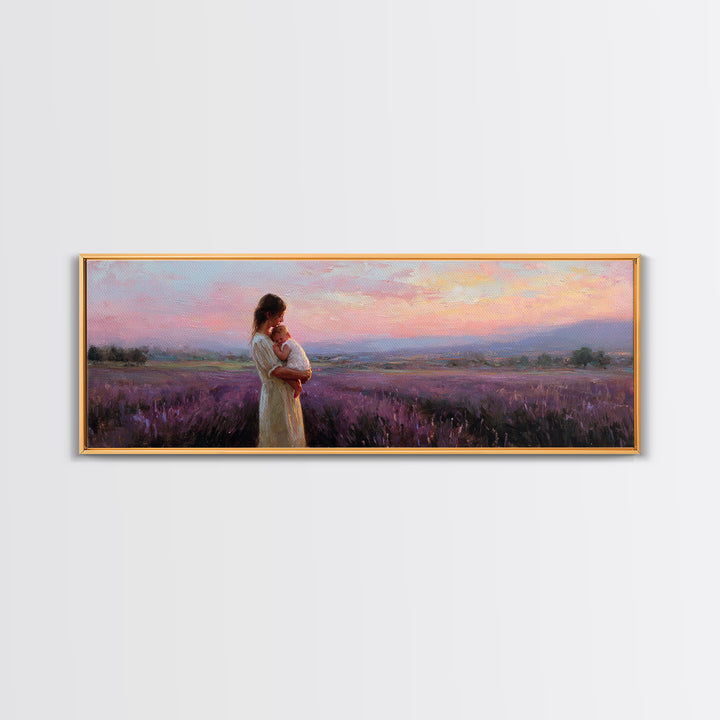 Mother And Baby Lavender Field Wall Art, Sunset Landscape Canvas Print, Purple Romantic Bedroom Decor Gift For Mom Home Decor