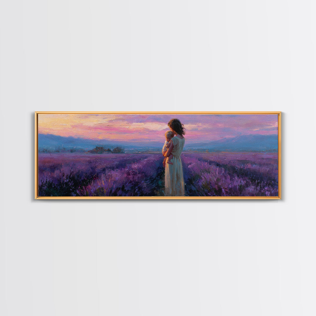 Mother And Baby Lavender Path Wall Art, Sunset Provence Landscape Framed Canvas Print, Romantic Bedroom Decor Gift For Mom