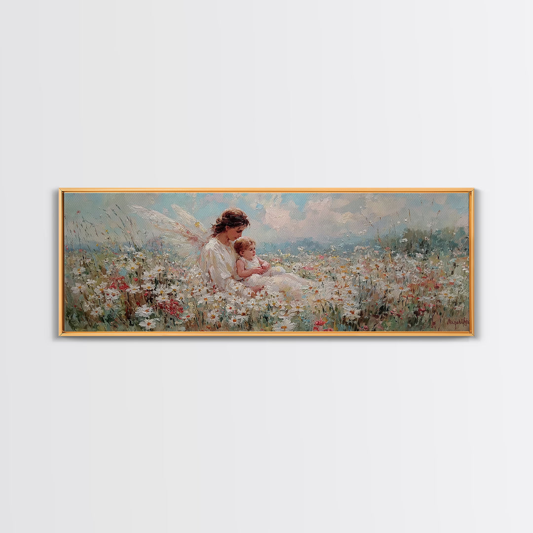 Angel Mother And Baby Daisy Meadow Wall Art, Heavenly Wildflower Canvas Print, Christian Nursery Decor Gift For Mom Home Decor